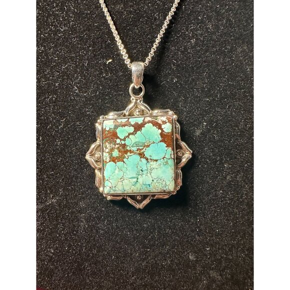 VTG Sterling Silver and Turquoise Pendant on Sterling 25 inch Chain 15 grams